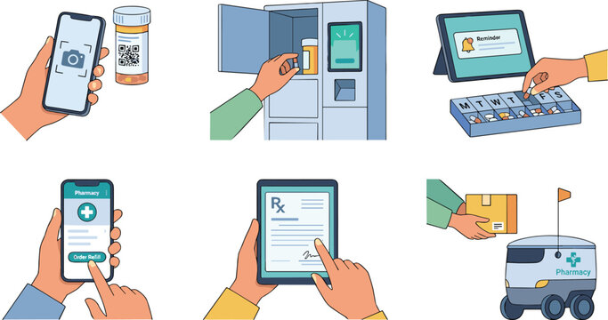 Smart pharmacy vector illustration set with cartoon hands scanning prescription bottle ordering medication signing electronic rx and delivery robot
