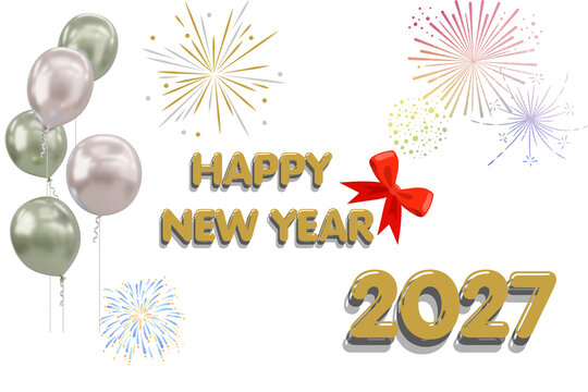 Happy new year 2027 with fireworks and ballon and festive design -Transparent background	