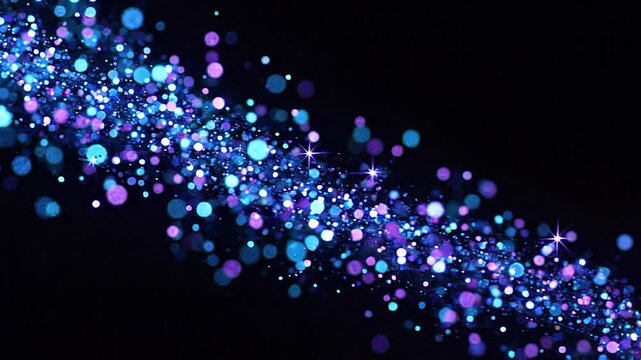 Abstract background with blue and purple bokeh lights, festive glitter texture, sparkling particles on a black background