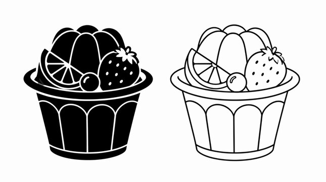 Fruit pudding cup icons with strawberry and orange, silhouette and outline vector