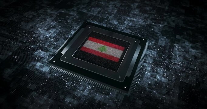 Lebanon flag on computer cpu. Lebanese banner digital and cyber technology concept animation.