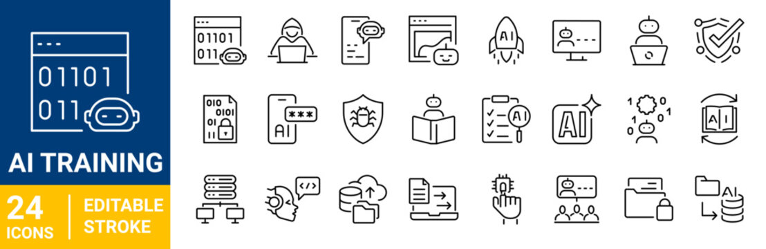 Ai training line icons in editable stroke style. Artificial intelligence, API, AI Integration, AI agent, cloud integration, business process, collection. Editable stroke. Vector