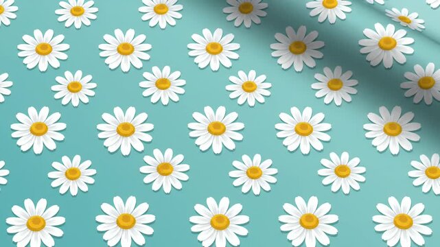 Animated pattern of white daisies with yellow centers on a rippling turquoise background, spring floral motion