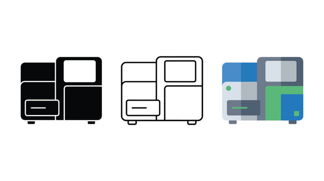 Modern office printer icon set in black, outline, and glossy styles