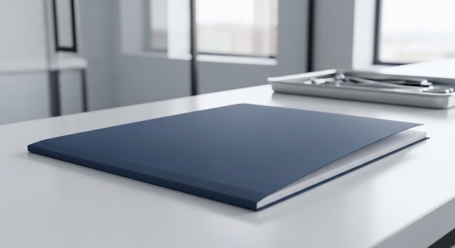 Blue medical folder on white examination table in a modern clinic office