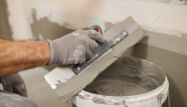 Gloved hand smoothing gray plaster onto drywall using metal trowel beside bucket during home renovation project.