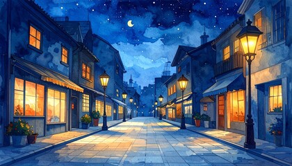 Fototapeta premium Watercolor Illustration of a Quiet Shopping Street at Night