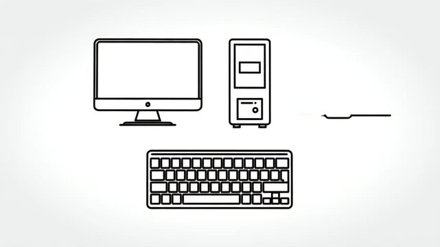 Animated doodle of computer desktop setup with monitor keyboard and tower, technology and work illustration
