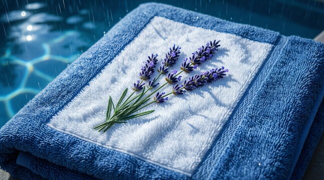 Lavender flowers on blue towel with refreshing rain drops