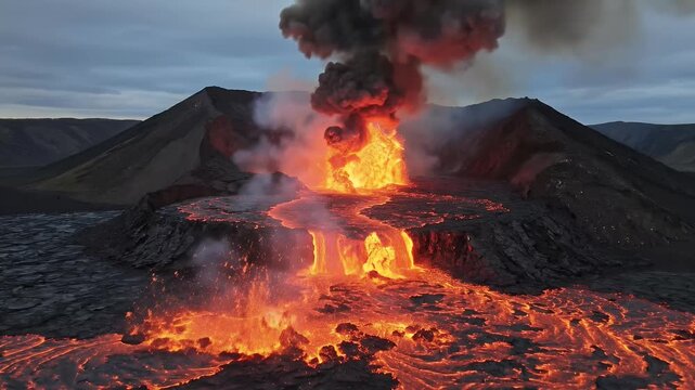 Volcano eruption spewing glowing molten lava and dark ash clouds during twilight, powerful natural disaster footage