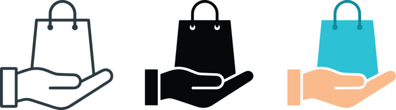 Shopping bag icon collection featuring hand holding retail bag in outline glyph and flat color vector illustration styles