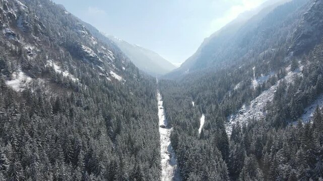 Aerial winter view of Rila Mountain near Beli Iskar village, Sofia Region, Bulgaria