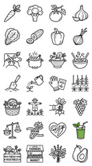Fototapeta premium Healthy Food Icons: Vegetables, Fruits, Gardening, Cooking, Farmers Market