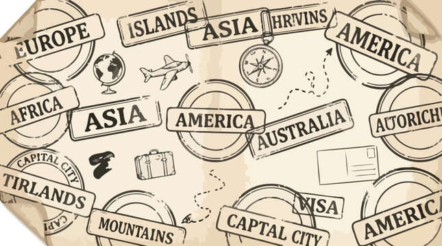 Vintage travel stamps and passport seals on aged paper, retro world continent postage marks, antique wanderlust adventure vector background