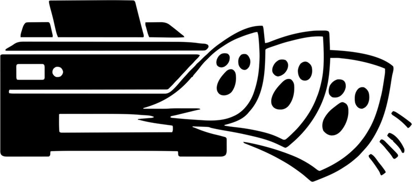 Spooky ghost papers flying out of an office printer icon. Vector illustration of scared paper sheets with phantom faces rushing out from a printing machine, black and white minimalist line art