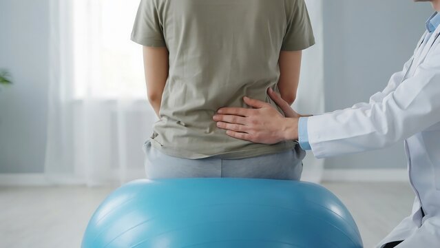 Doctor examining patient back pain on exercise ball in clinic