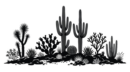 Black and white cactus desert landscape illustration © MohammadMasud
