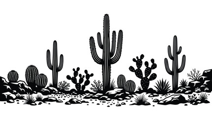 Black and white cactus desert landscape illustration © MohammadMasud