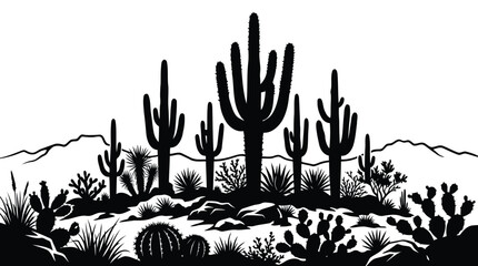 Black and white desert landscape with cacti © MohammadMasud
