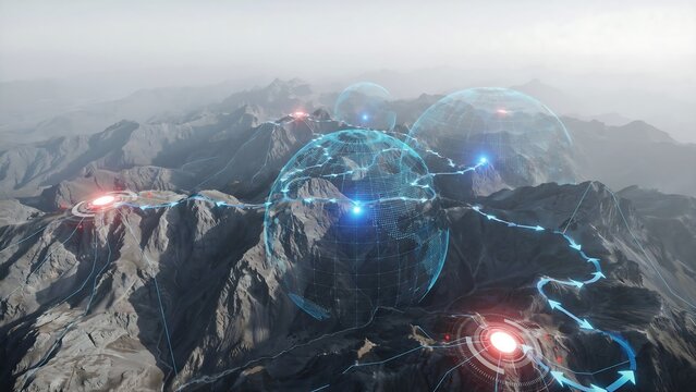Futuristic digital network connection across barren mountain landscape showing glowing data spheres and flowing transmission lines representing global communication infrastructure development.
