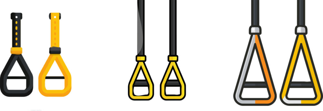 A vibrant flat vector icon of black and yellow suspension trainer straps features bright colors, modern UI style, clean lines, and is isolated on a pure white background