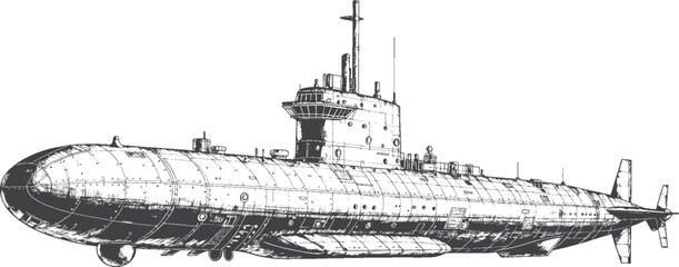 Submarine Side Profile with Sail Tower, Periscope and Propeller, Naval Military Vessel Technical Vector Line Art Illustration Isolated on White Background © lipika