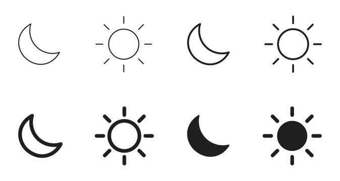 sun moon icons. sun and moon day and night line icons set representing weather and screen brightness mode interface