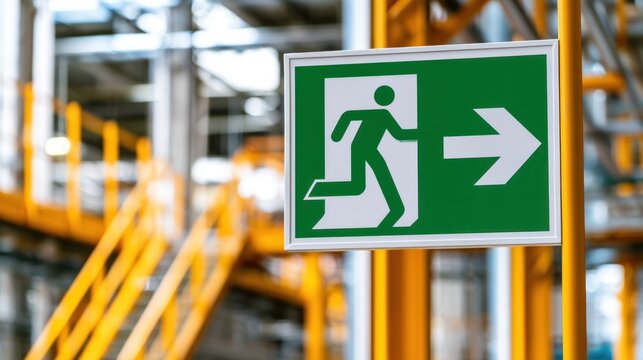Green exit sign in an industrial facility
