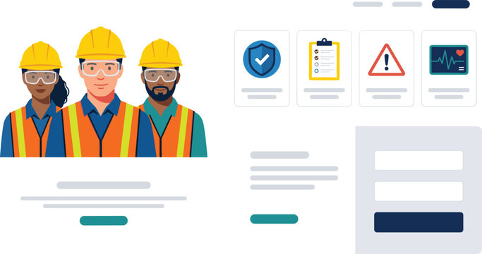 Construction worker safety management dashboard interface with compliance checklist, workforce monitoring, occupational health, inspection, and industrial training vector illustration