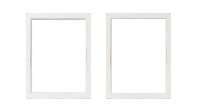 Two empty white wooden photo frames isolated on transparent background