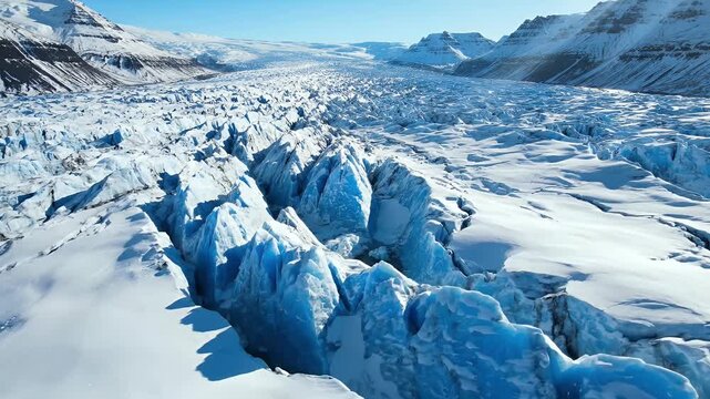 Aerial view over a vast, bright blue glacial ice cave and crevasse in a snowy mountain landscape, clear sky