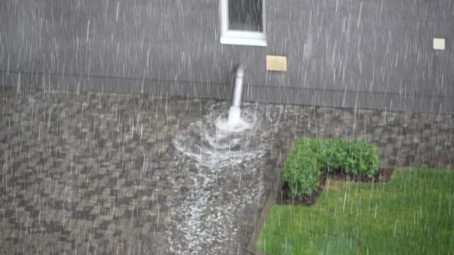 Heavy rainwater pours from a roof downspout into a residential yard during a strong summer rainstorm. Close-up of flowing water, wet garden, stone wall, and intense rainfall in outdoor weather conditi