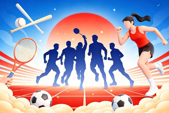 Multisport Running Athletes Illustration With Various Sports Equipment
