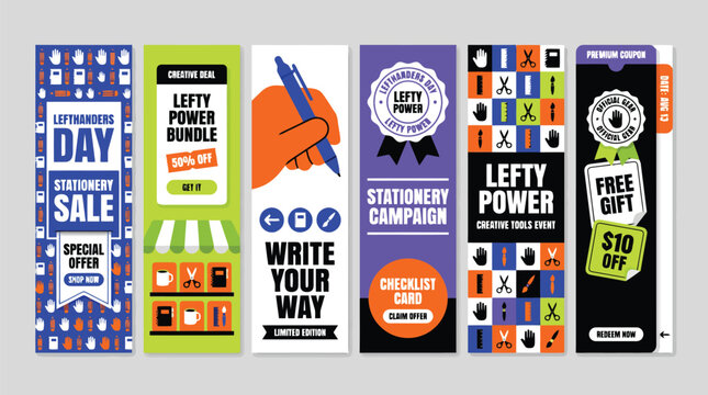 International Left Handers Day banner set, stationery sale promotion vertical flyers, lefty power bundle marketing templates for social media