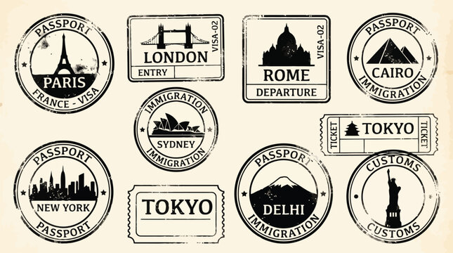 Vintage passport stamps collection, 10 travel visa rubber stamps with world landmarks, retro immigration and customs ink seals vector set