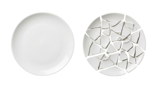 Whole and broken white ceramic dinner plates isolated on transparent background