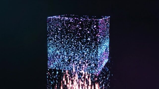 Abstract Digital Cube Disintegrating into Particles on Dark Background.