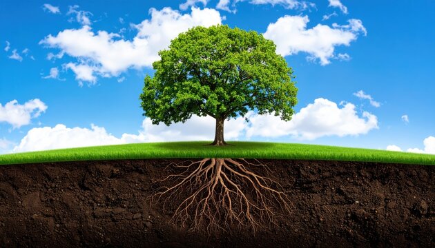 Healthy Tree with Visible Roots Growing in Green Field under Blue Sky with Clouds