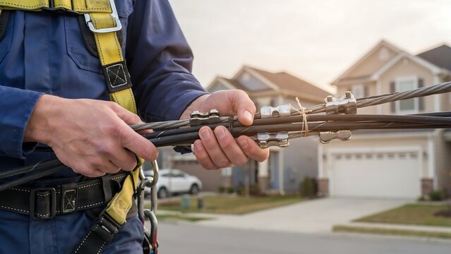 Utility worker wearing blue work uniform and safety harness holding bundle of heavy power lines with metal clamps while standing on street near suburban houses during sunny day outdoors.