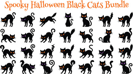 Fototapeta premium Spooky Halloween black cats bundle with scary vector silhouettes