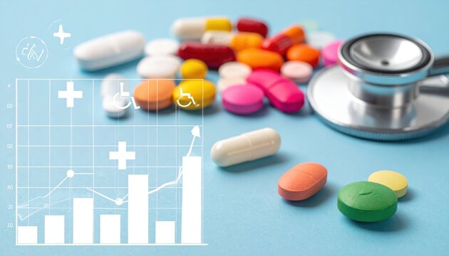 Pharmaceuticals and Stethoscope with Health Data Analytics Graph