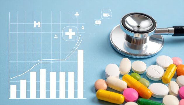 Healthcare Statistics  Growth Stethoscope, Pills, and Digital Chart on Blue Background