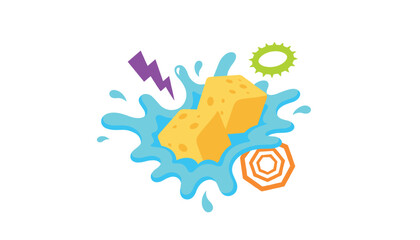 Fototapeta premium Dynamic illustration of two blocks of yellow cheese splashing into a bright blue liquid pool with lightning.