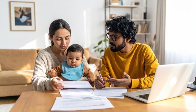Family financial planning at home with baby, laptop and documents