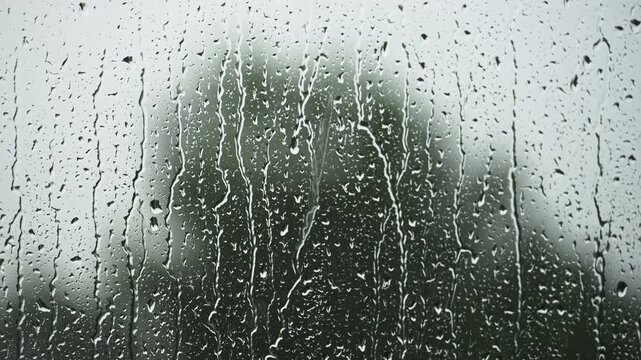 Close-up video of raindrops slowly running down a wet window during rainy weather. Water droplets sliding across the glass create a calm, moody atmosphere with a soft blurred background and natural da