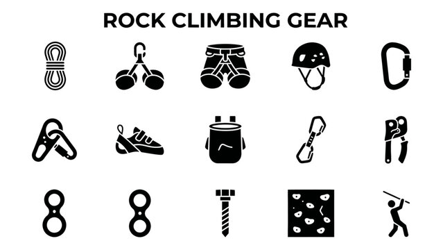 Rock Climbing Gear Icons Set with Harness Helmet Carabiner Rope and Equipment