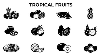 Fototapeta premium Tropical Fruits Icons Set with Pineapple Coconut Mango Watermelon Avocado and Exotic Fruit Collection