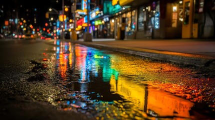 Obraz premium Vibrant Wet City Street at Night with Reflections of Bright Neon Lights