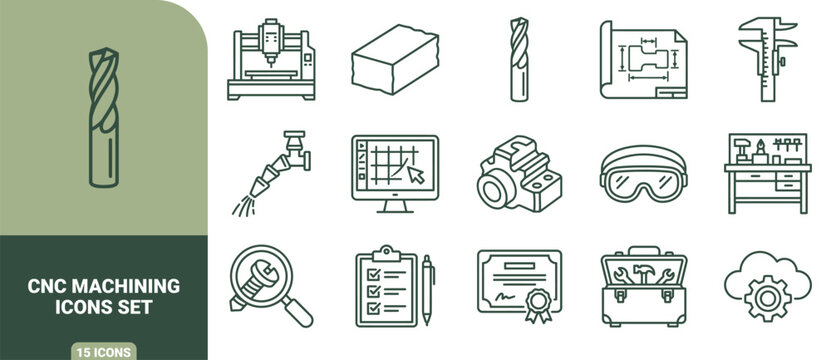 Cnc machining icon set featuring milling tools, industrial machinery, technical blueprints, measuring instruments, and workshop equipment outlines