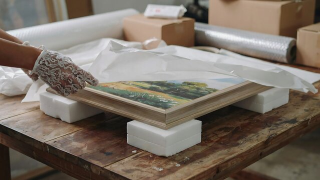 Art conservator wearing lace protective gloves carefully wrapping framed landscape painting with archival tissue paper for safe shipping and storage in professional gallery workshop.